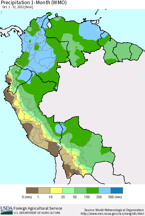 Northern South America Precipitation 1-Month (WMO) Thematic Map For 10/1/2022 - 10/31/2022