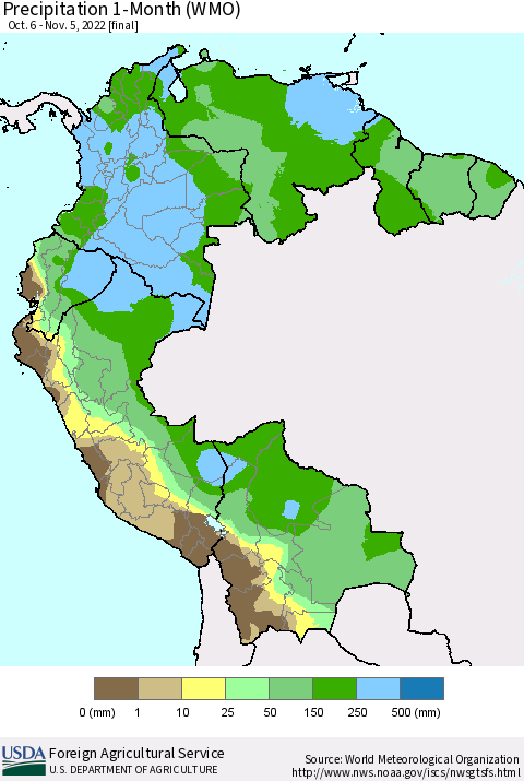 Northern South America Precipitation 1-Month (WMO) Thematic Map For 10/6/2022 - 11/5/2022