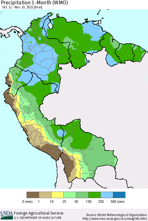 Northern South America Precipitation 1-Month (WMO) Thematic Map For 10/11/2022 - 11/10/2022