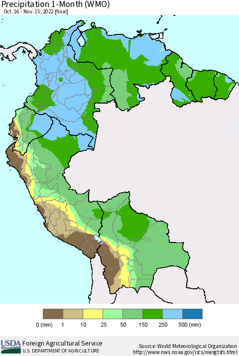 Northern South America Precipitation 1-Month (WMO) Thematic Map For 10/16/2022 - 11/15/2022
