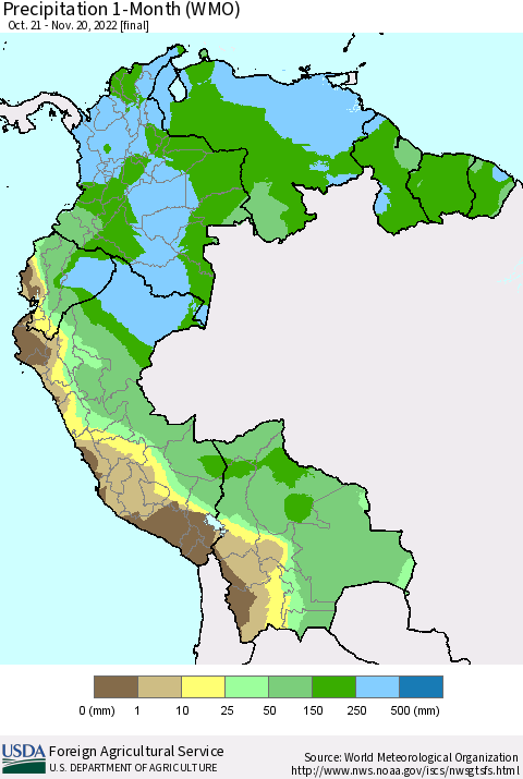 Northern South America Precipitation 1-Month (WMO) Thematic Map For 10/21/2022 - 11/20/2022