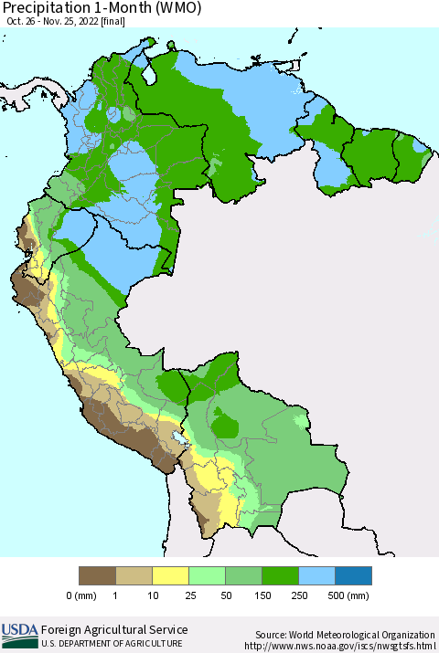 Northern South America Precipitation 1-Month (WMO) Thematic Map For 10/26/2022 - 11/25/2022