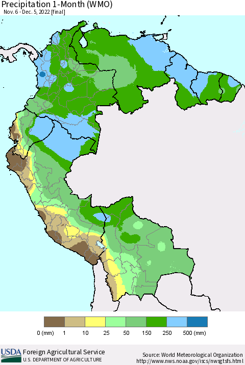 Northern South America Precipitation 1-Month (WMO) Thematic Map For 11/6/2022 - 12/5/2022