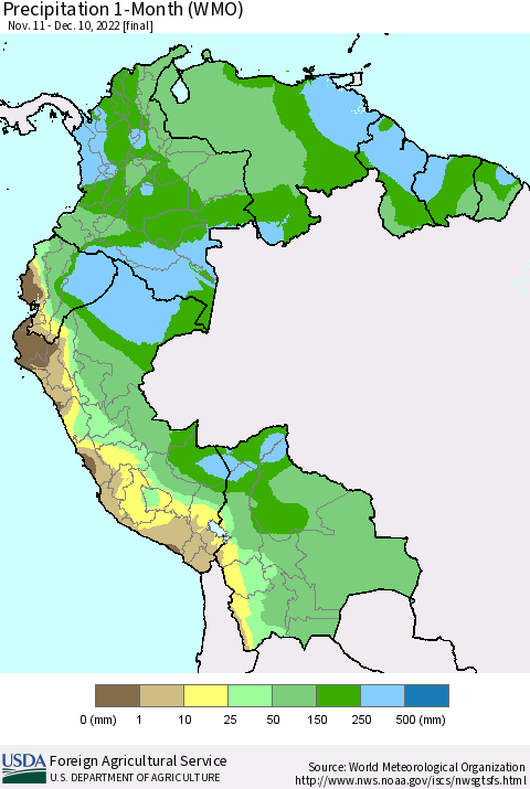 Northern South America Precipitation 1-Month (WMO) Thematic Map For 11/11/2022 - 12/10/2022