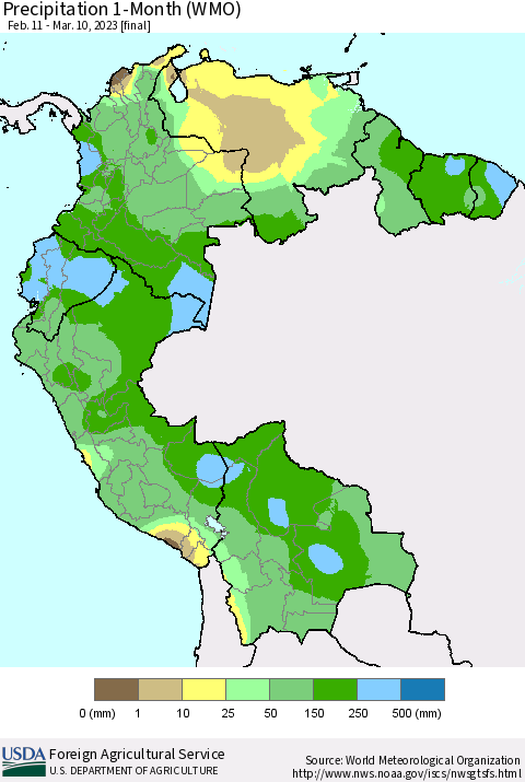 Northern South America Precipitation 1-Month (WMO) Thematic Map For 2/11/2023 - 3/10/2023