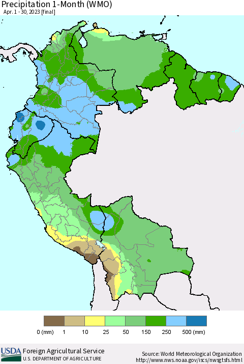 Northern South America Precipitation 1-Month (WMO) Thematic Map For 4/1/2023 - 4/30/2023