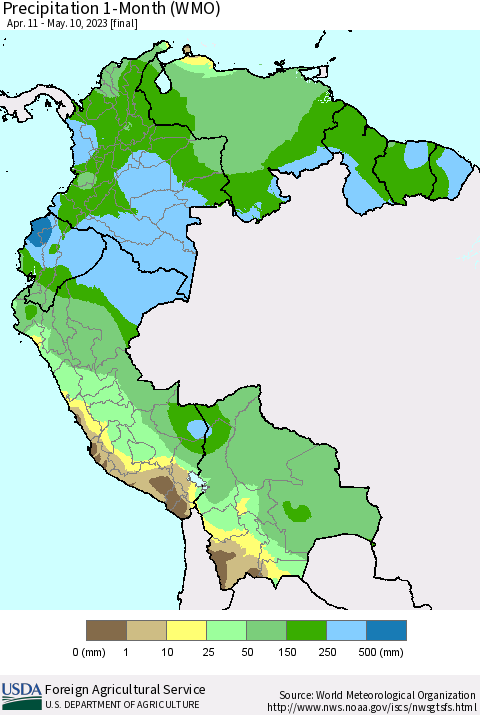 Northern South America Precipitation 1-Month (WMO) Thematic Map For 4/11/2023 - 5/10/2023