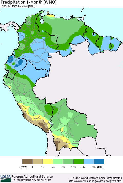 Northern South America Precipitation 1-Month (WMO) Thematic Map For 4/16/2023 - 5/15/2023