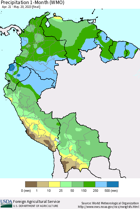 Northern South America Precipitation 1-Month (WMO) Thematic Map For 4/21/2023 - 5/20/2023