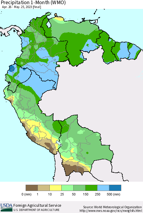 Northern South America Precipitation 1-Month (WMO) Thematic Map For 4/26/2023 - 5/25/2023