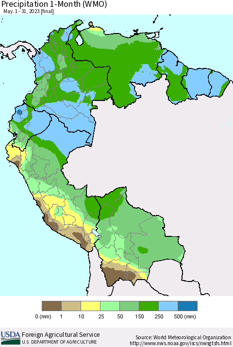 Northern South America Precipitation 1-Month (WMO) Thematic Map For 5/1/2023 - 5/31/2023