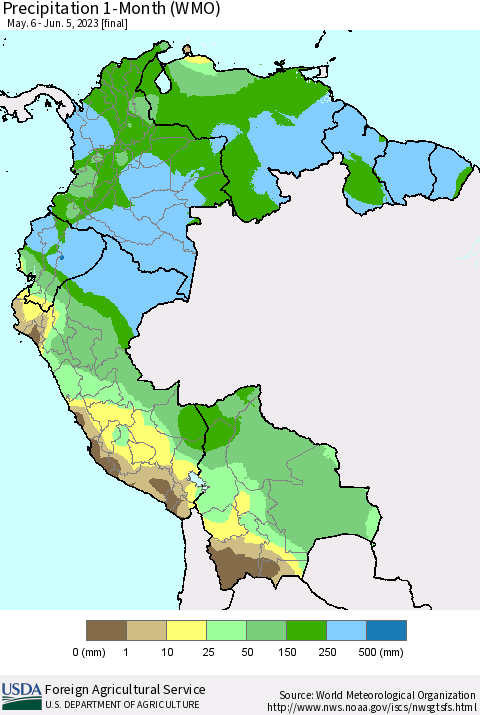 Northern South America Precipitation 1-Month (WMO) Thematic Map For 5/6/2023 - 6/5/2023