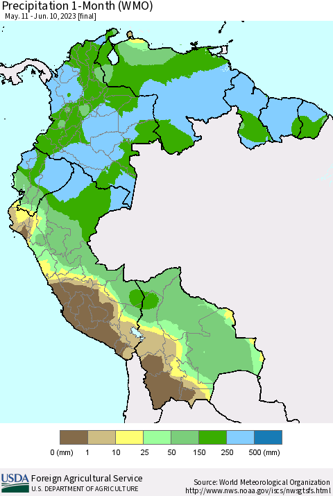 Northern South America Precipitation 1-Month (WMO) Thematic Map For 5/11/2023 - 6/10/2023