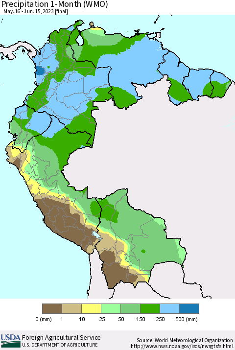 Northern South America Precipitation 1-Month (WMO) Thematic Map For 5/16/2023 - 6/15/2023