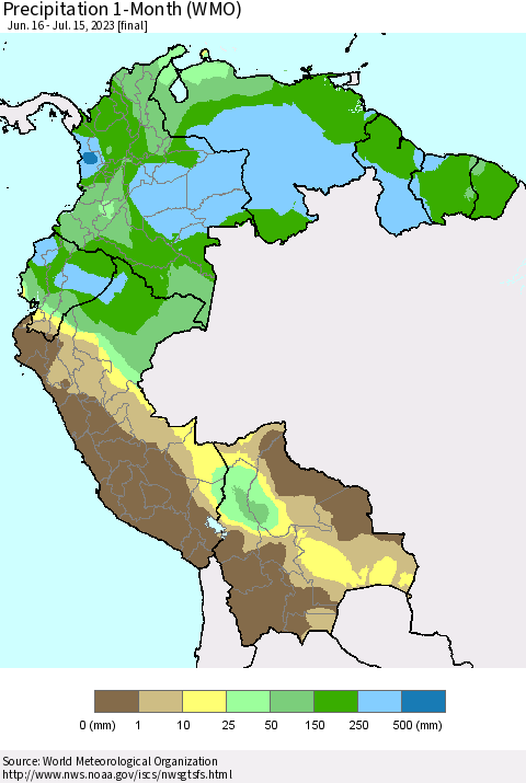 Northern South America Precipitation 1-Month (WMO) Thematic Map For 6/16/2023 - 7/15/2023