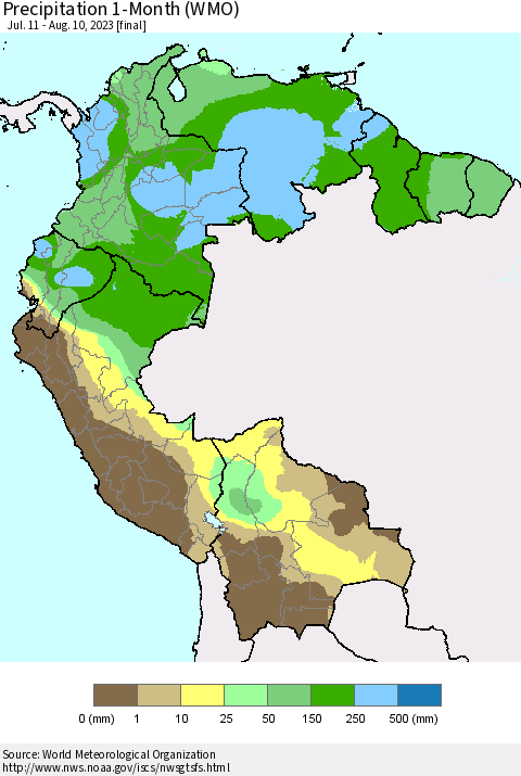 Northern South America Precipitation 1-Month (WMO) Thematic Map For 7/11/2023 - 8/10/2023