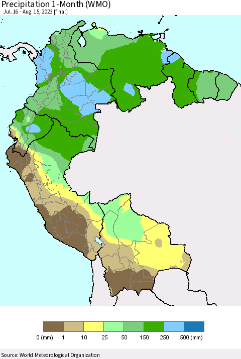 Northern South America Precipitation 1-Month (WMO) Thematic Map For 7/16/2023 - 8/15/2023
