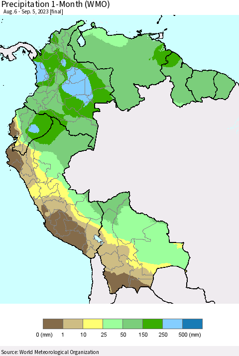 Northern South America Precipitation 1-Month (WMO) Thematic Map For 8/6/2023 - 9/5/2023
