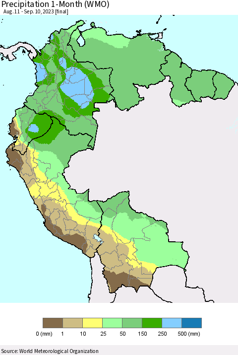 Northern South America Precipitation 1-Month (WMO) Thematic Map For 8/11/2023 - 9/10/2023