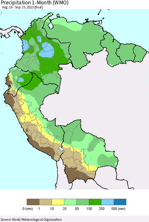 Northern South America Precipitation 1-Month (WMO) Thematic Map For 8/16/2023 - 9/15/2023