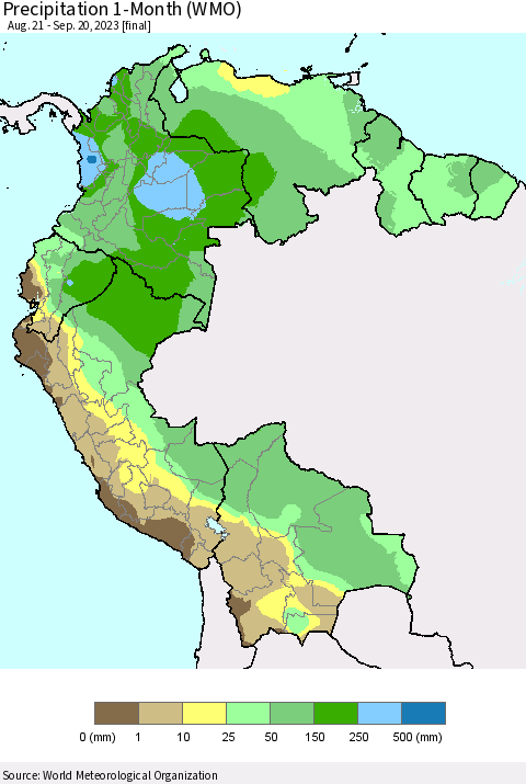 Northern South America Precipitation 1-Month (WMO) Thematic Map For 8/21/2023 - 9/20/2023