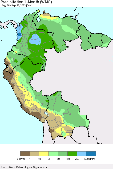 Northern South America Precipitation 1-Month (WMO) Thematic Map For 8/26/2023 - 9/25/2023