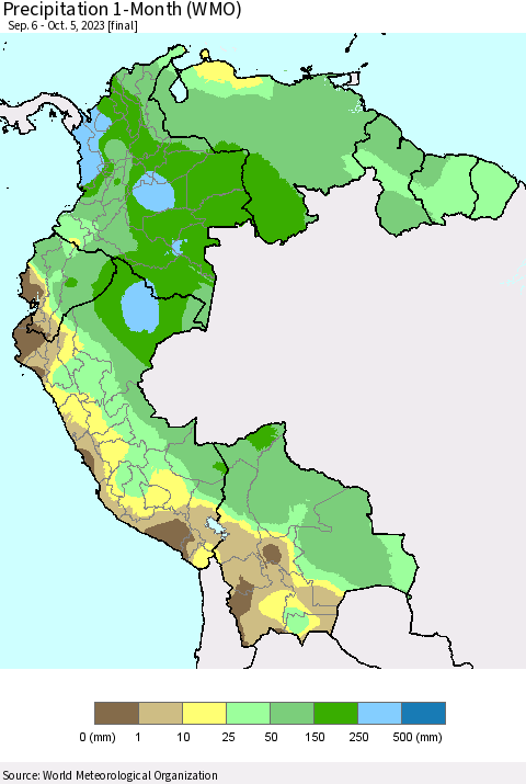Northern South America Precipitation 1-Month (WMO) Thematic Map For 9/6/2023 - 10/5/2023
