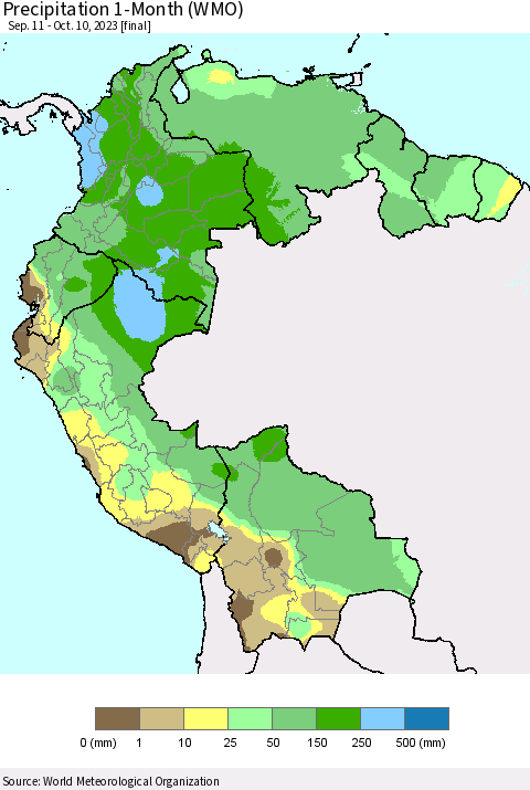 Northern South America Precipitation 1-Month (WMO) Thematic Map For 9/11/2023 - 10/10/2023