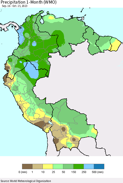 Northern South America Precipitation 1-Month (WMO) Thematic Map For 9/16/2023 - 10/15/2023