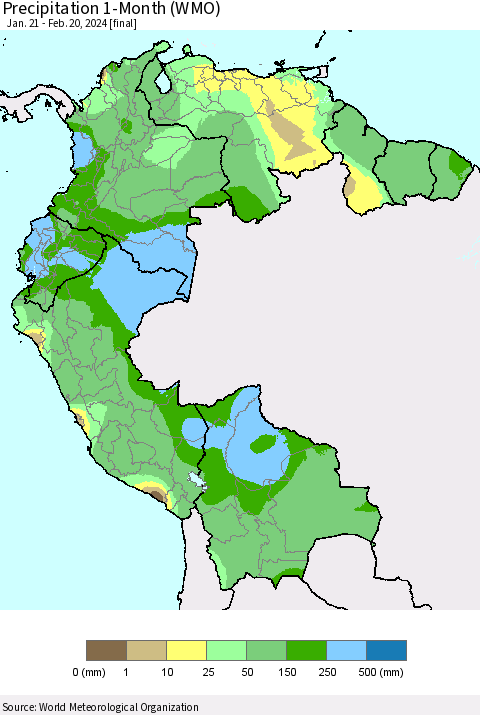 Northern South America Precipitation 1-Month (WMO) Thematic Map For 1/21/2024 - 2/20/2024