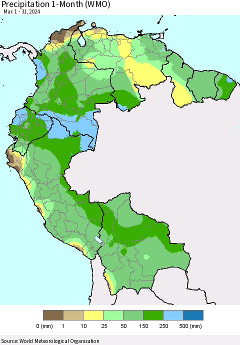 Northern South America Precipitation 1-Month (WMO) Thematic Map For 3/1/2024 - 3/31/2024
