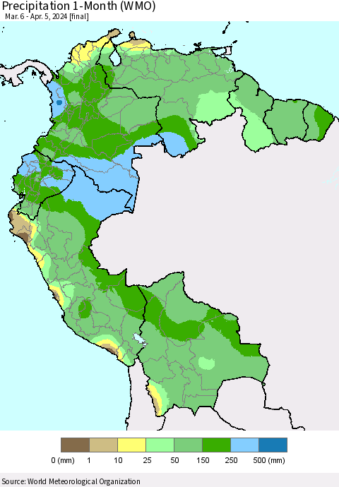 Northern South America Precipitation 1-Month (WMO) Thematic Map For 3/6/2024 - 4/5/2024