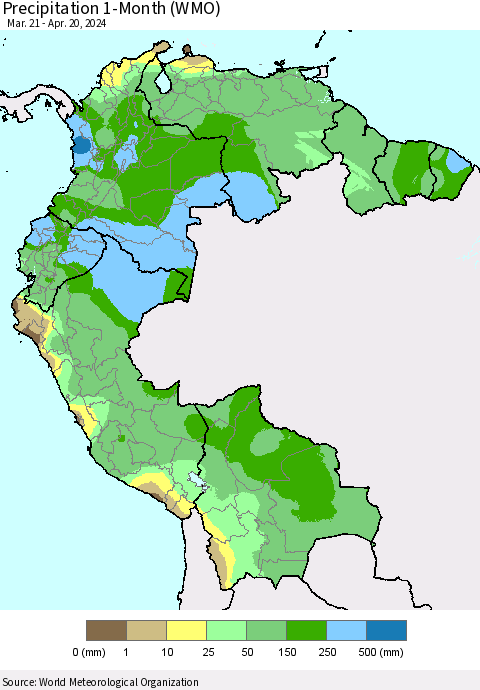 Northern South America Precipitation 1-Month (WMO) Thematic Map For 3/21/2024 - 4/20/2024