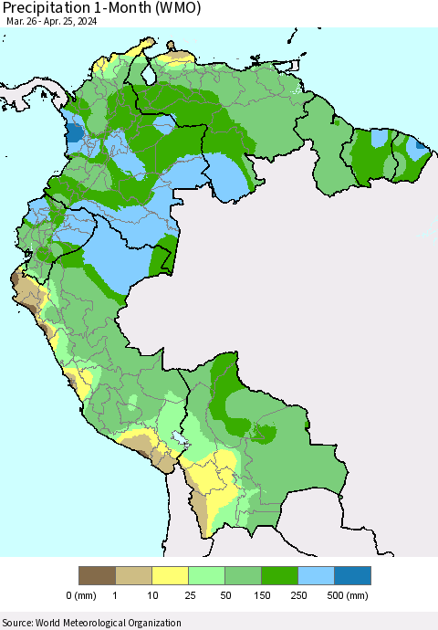 Northern South America Precipitation 1-Month (WMO) Thematic Map For 3/26/2024 - 4/25/2024