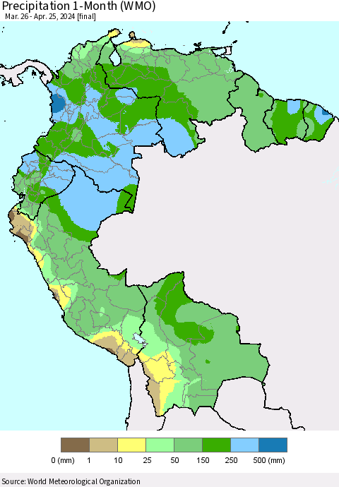 Northern South America Precipitation 1-Month (WMO) Thematic Map For 3/26/2024 - 4/25/2024