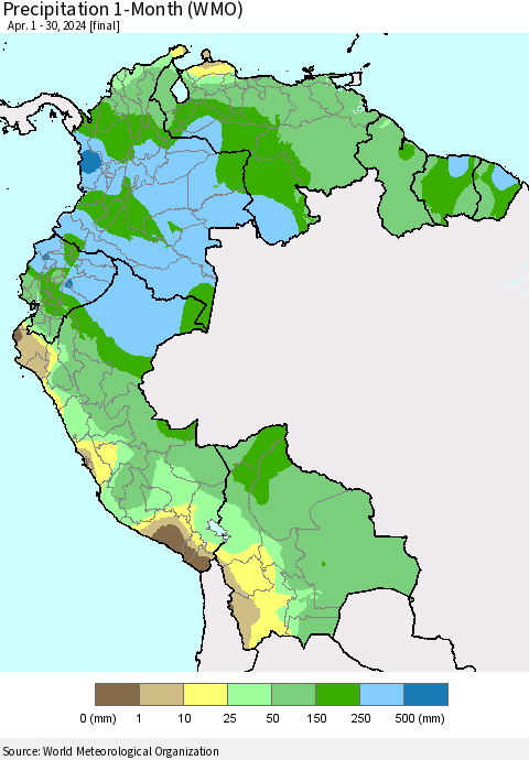 Northern South America Precipitation 1-Month (WMO) Thematic Map For 4/1/2024 - 4/30/2024