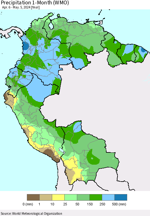 Northern South America Precipitation 1-Month (WMO) Thematic Map For 4/6/2024 - 5/5/2024