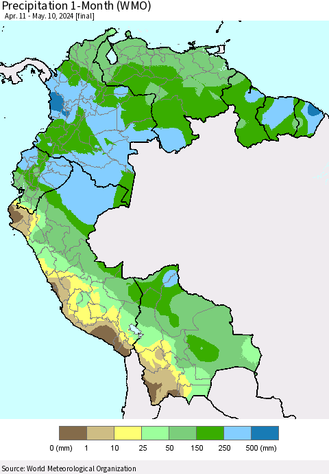 Northern South America Precipitation 1-Month (WMO) Thematic Map For 4/11/2024 - 5/10/2024