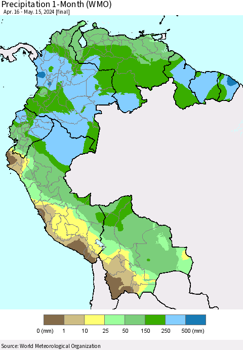 Northern South America Precipitation 1-Month (WMO) Thematic Map For 4/16/2024 - 5/15/2024