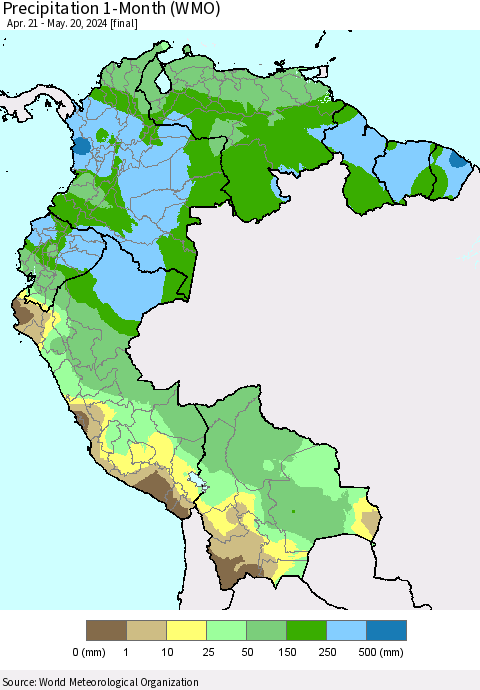 Northern South America Precipitation 1-Month (WMO) Thematic Map For 4/21/2024 - 5/20/2024