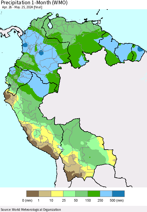 Northern South America Precipitation 1-Month (WMO) Thematic Map For 4/26/2024 - 5/25/2024