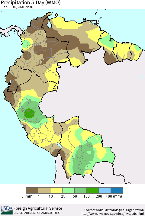 Northern South America Precipitation 5-Day (WMO) Thematic Map For 1/6/2020 - 1/10/2020