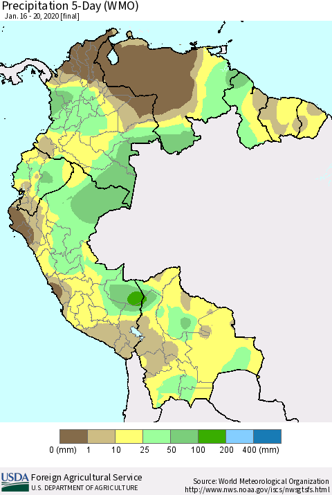 Northern South America Precipitation 5-Day (WMO) Thematic Map For 1/16/2020 - 1/20/2020