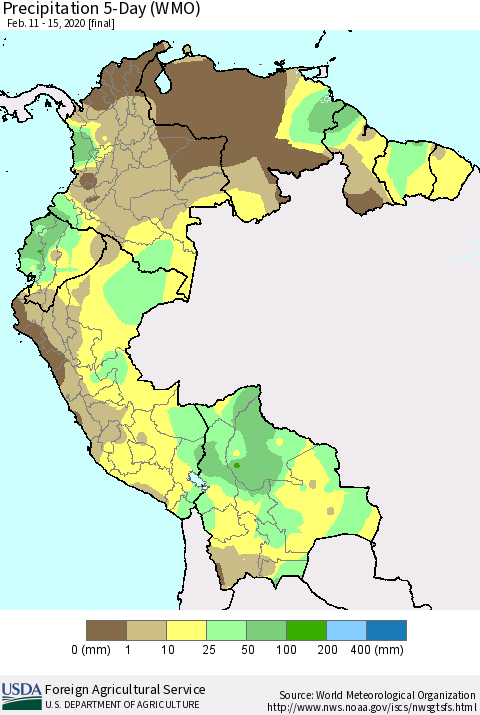 Northern South America Precipitation 5-Day (WMO) Thematic Map For 2/11/2020 - 2/15/2020