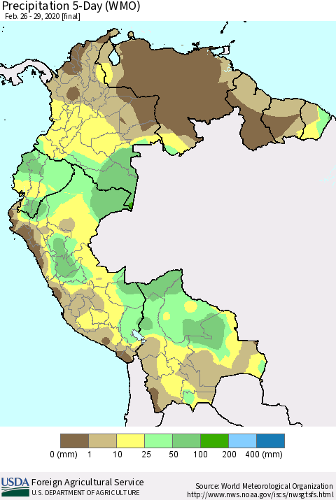 Northern South America Precipitation 5-Day (WMO) Thematic Map For 2/26/2020 - 2/29/2020