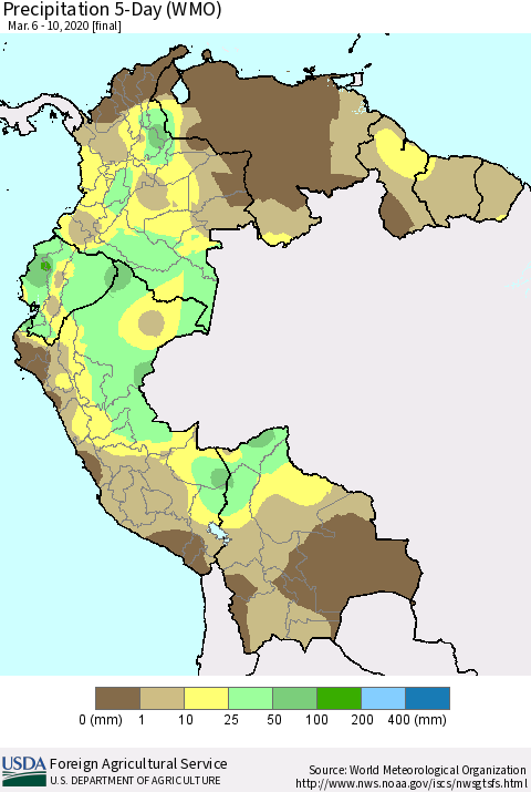 Northern South America Precipitation 5-Day (WMO) Thematic Map For 3/6/2020 - 3/10/2020