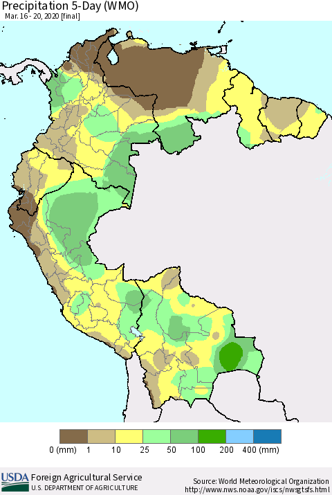 Northern South America Precipitation 5-Day (WMO) Thematic Map For 3/16/2020 - 3/20/2020