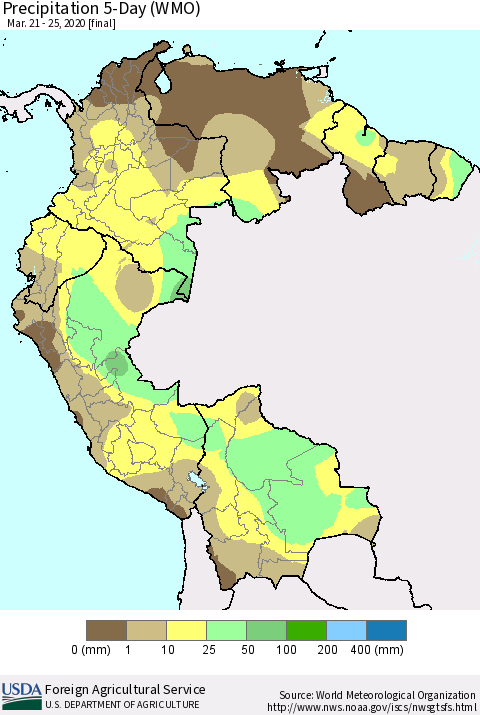 Northern South America Precipitation 5-Day (WMO) Thematic Map For 3/21/2020 - 3/25/2020