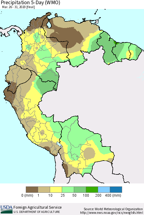 Northern South America Precipitation 5-Day (WMO) Thematic Map For 3/26/2020 - 3/31/2020