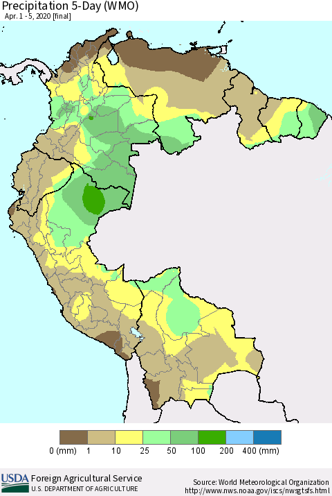 Northern South America Precipitation 5-Day (WMO) Thematic Map For 4/1/2020 - 4/5/2020